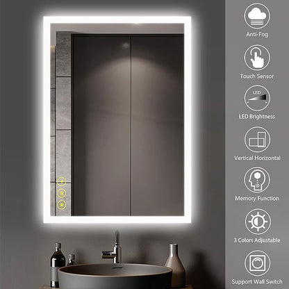 Wall-Mounted LED Square Bathroom Mirror, Makeup Mirror (36 inches x 24 inches,) 3 Color Stepless Dimmable Memory Bathroom Vanity Mirror with Lights CRI90+ 3000-6400K Smart Mirror with Touch