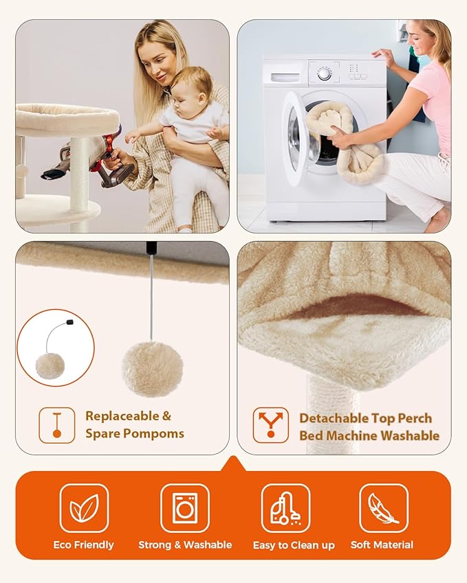 PETEPELA 61" Cat Tree for Indoor Cats, [6-Levels] Cat Climbing Tower with 9 Sisal Scratching Posts and Replaceable Dangling Ball &Top Perch, Beige-Mewly Pet