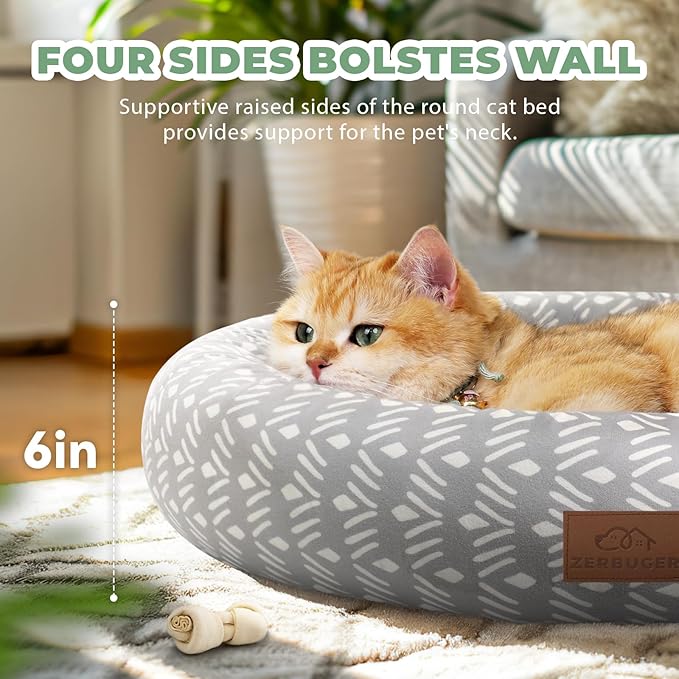 Cat Bed, 20In Dog Beds for Small Dogs, Calming Cat & Dog Beds for Indoor Pets, Pet Beds Comfortable Donut Round Ultra Soft (Grey Pattern, 20.0" L x 20.0" W x 6.5" Th)-Mewly Pet