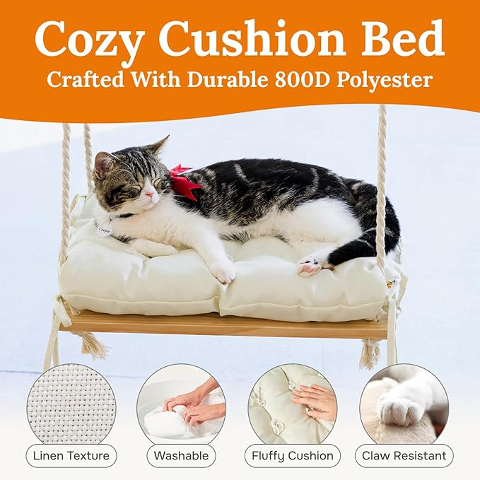 Cat Window Perch - Hammock Bed for Cats Inside - Solid Wood Seat, 4 Strong Suction Cups, Soft Cushion - Rustic Indoor Pet Shelf-Mewly Pet