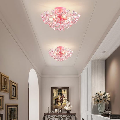 WUZUPS Crystal Chandelier Flushmount Ceiling Light Modern Lighting Fixture for Bedroom Hallway Bar Kitchen Bathroom, H 8.9" x W 17.7", Pink, E12 Base