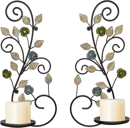 Wall Sconces Candle Holder Set of 2, Antique White Leaf and Multi-Color Flower Branch Wall Mount Hanging Metal Wall Candle Holder Candle Sconce for Living Room Dining Room