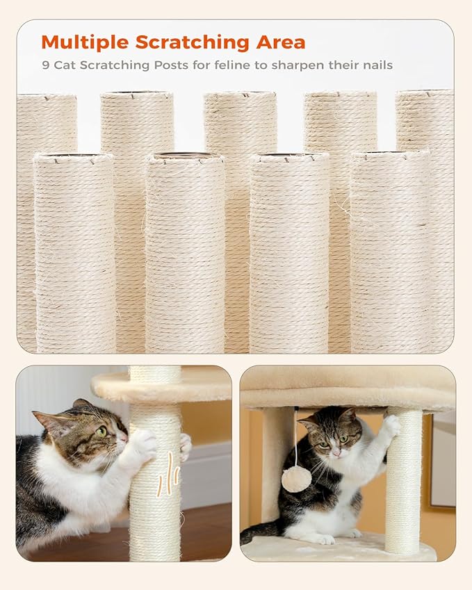 PETEPELA 61" Cat Tree for Indoor Cats, [6-Levels] Cat Climbing Tower with 9 Sisal Scratching Posts and Replaceable Dangling Ball &Top Perch, Beige-Mewly Pet