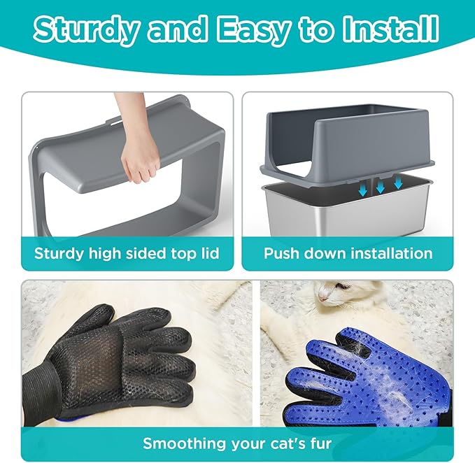 LIHONG Stainless Steel Litter Box with Lid, XL Metal Cat Box for Indoor Cats, Enclosure Cat Litter Pan for Large Cats, Non-Sticky Large Kitty Litter Box, Anti-Leakage, 23.5" X 15.5" X 16"-Mewly Pet