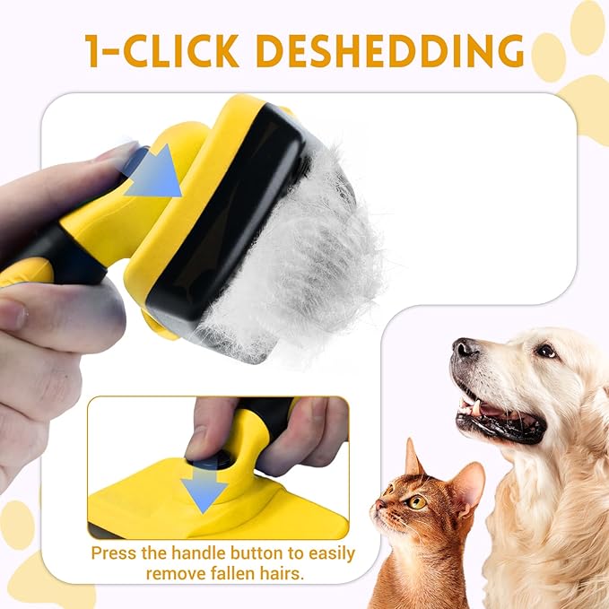 Large Self Cleaning Deshedding Brush for Dogs & Cats - One Button Hair Release Grooming Tool, Gentle Massage Brush for Long and Short Hair (Yellow)-Mewly Pet