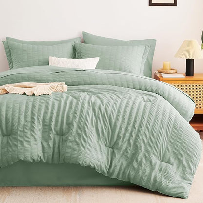 CozyLux King Size Comforter Set Sage Green Seersucker 7 Pieces Bed in a Bag King Comforter Set with Sheets, Luxury Bedding Set with Down Alternative Comforter, Sheets, Pillowcases & Shams All Seasonss