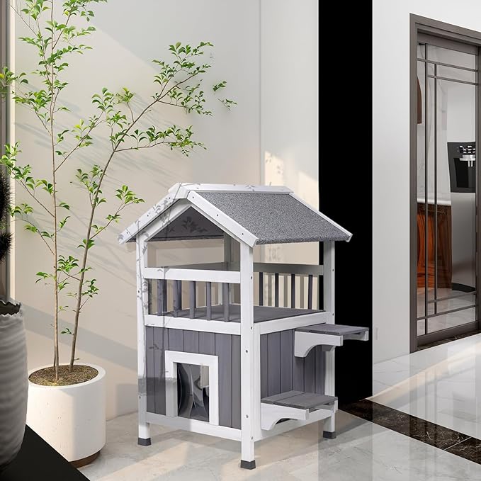 GEGURI Outdoor Cat House Weatherproof, Wooden Two-Story Feral Cat Shelter with, Escape Door, Balcony-Mewly Pet