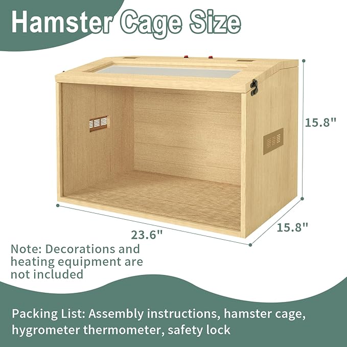 24" Hamster Cage, Top Opening Lockable Roof Door Gerbil Cage, Dwarf Hamster Cage with Hygrometer, Mice and Small Animal Habitat, Chewproof Syrian Hamster Enclosure, (Wooden, 24" L x 16" W x 16" H)-Mewly Pet