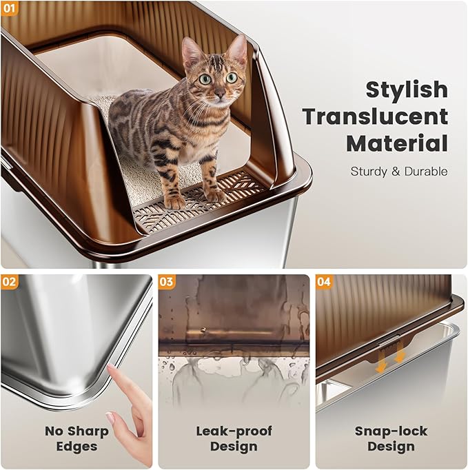 Tripamin 15” XL Stainless Steel Cat Litter Box Enclosure, XXL Stainless Steel High Sides with Lid, Extra Large Metal Cat Litter Box (Translucent Brown, XX-Large)-Mewly Pet