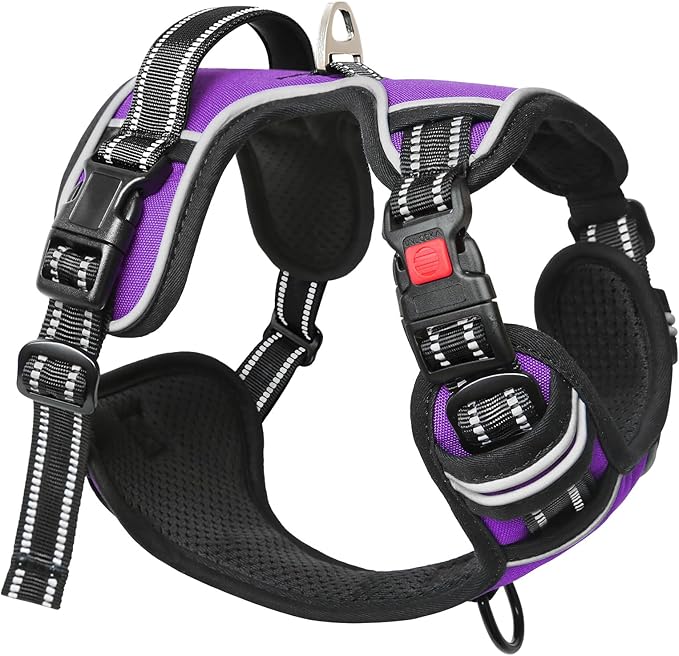 Timos Dog Harness Large Sized, No Pull with Neck Lockable Snap,No Choke Front Clip Dog Reflective Harness,Adjustable Metal Rings 3 Buckles,Easy Control Handle for Large Dogs Purple XL-Mewly Pet