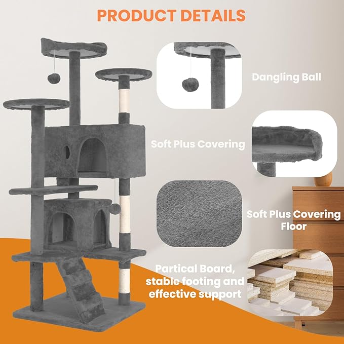 54.7 Inches Cat Tower for Indoor Cats, Multi-Level Cat Condos with Scratching Posts, Hanging Toys, Light Gray-Mewly Pet