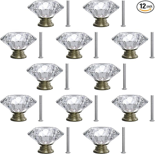 12-Pack Crystal Glass Cabinet Knobs for Home Decor, Vanity Drawers, Desks, Wardrobe Doors, Standard Screws Easy Installation for Home Refurbishment and Redecoration (Clear Crystal, 30mm, Bronze Base)