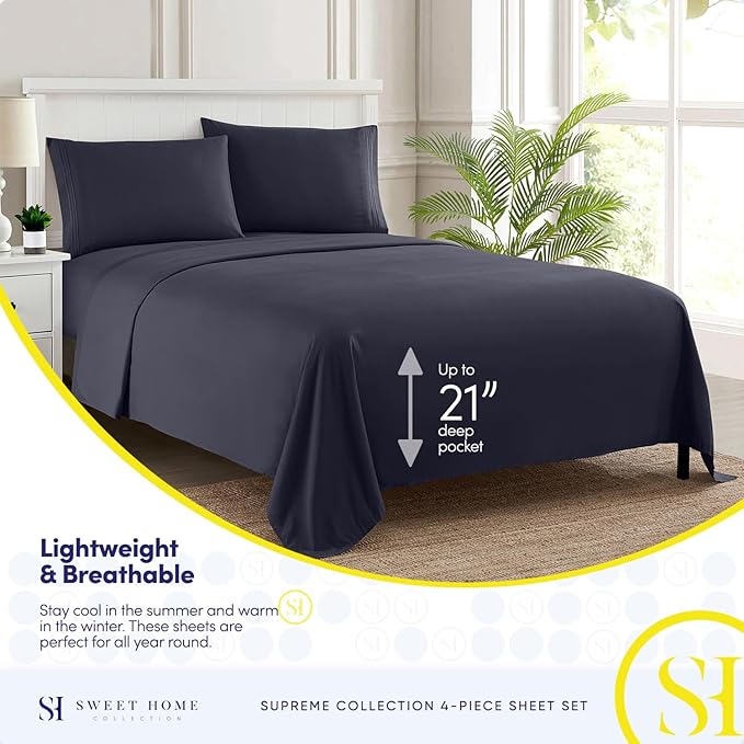 California King Sheet Sets - Breathable Luxury Sheets with Full Elastic & Secure Corner Straps Built In - 1800 Supreme Collection Deep Pocket Bedding, Sheet Set, EXTRA DEEP pocket - Cal King, Navy