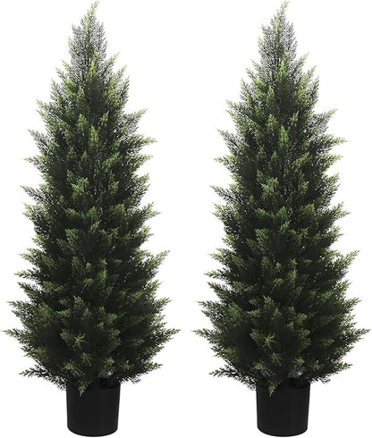 4FT Artificial Cedar Topiary Tree Lifelike Faux Cedar Pines Christmas Trees UV Rated Faux Shrubs Everygreen Plants for Front Porch Outdoor Decor Set of 2