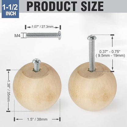 FoDau770 30pcs Unfinished Wood Knobs, Round Ball Cabinet Knobs Vintage Drawer Pulls, Natural Wooden Cabinet Hardware for Furniture Drawer Dresser Wardrobe Cupboard - 1-1/2" Diameter
