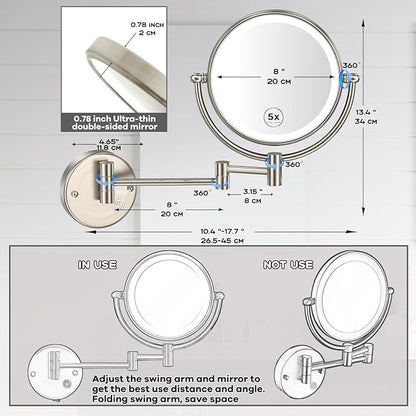 Premium 8" Brass Lighted Wall Mount Makeup Mirror with Magnification, 1X/5X Double-Sided Adjustable Bathroom Wall-Mounted Mirrors Swing Arm, Touch Dimming, Brushed Nickel Finish, Hard Wired