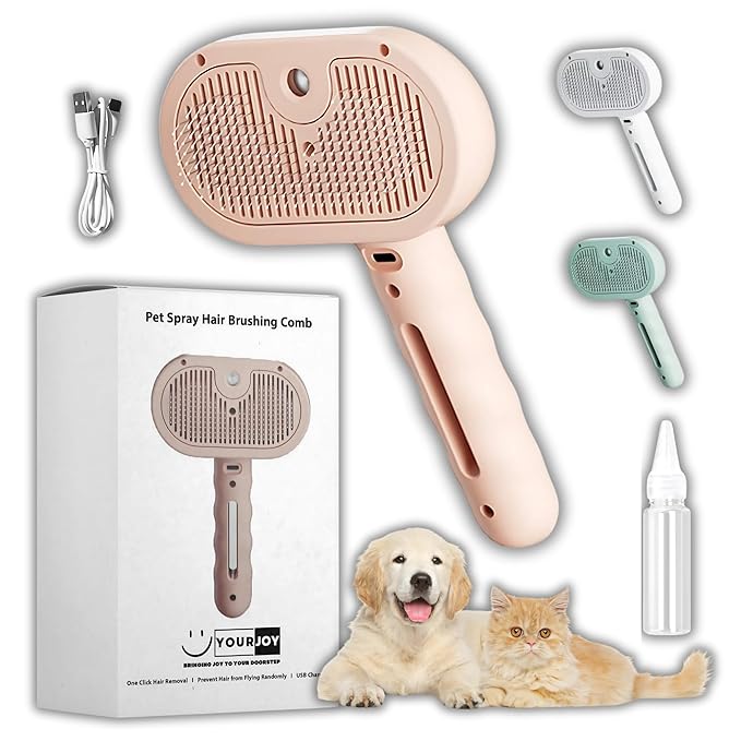 4 in 1 Cat Steam Brush: steam brush for cats, Grooming, Shedding, Mist Spray, Hair Removal Comb & Massager, USB Rechargeable Self Cleaning cat steam brushes for indoor cats - Pink-Mewly Pet