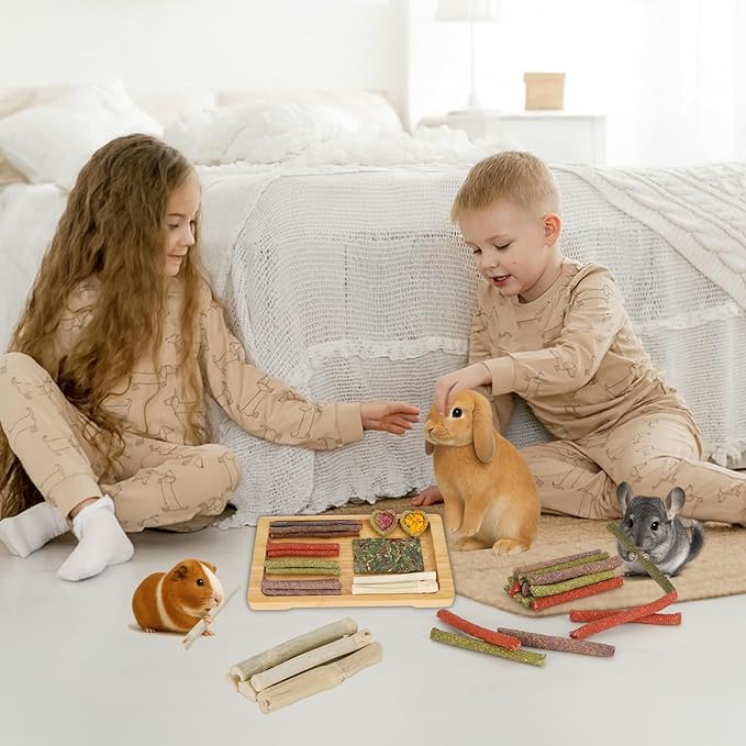 65PCS Rabbit Bunny Guinea Pig Chew Toys Treats, Chinchilla Hamster Chews Toys for Teeth, Timothy Hay Chips Treats Sticks for Rabbit Guinea Pig Chinchilla Hamster Rat-Mewly Pet