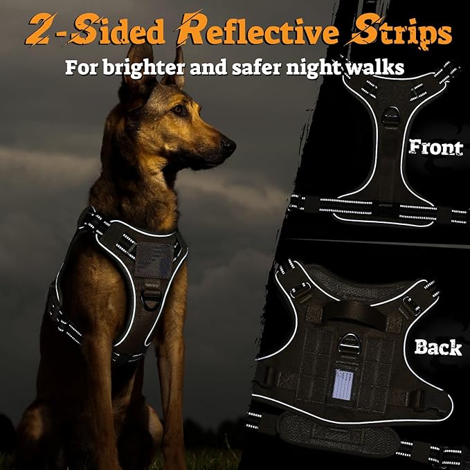 rabbitgoo Dog Harness for Large Dogs No Pull, Tactical Service Pet Vest with Molle and Control Handle, Adjustable and Reflective Military Harness for Easy Walking and Training, Brown, XL-Mewly Pet