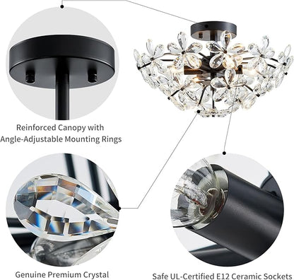 WUZUPS Crystal Chandelier Flushmount Ceiling Light Modern Lighting Fixture for Bedroom Hallway Bar Kitchen Bathroom, H 8.9" x W 17.7", Black, E12 Base