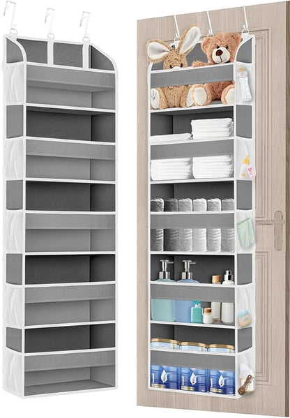 1 Pack Over The Door Storage Organizer with 5 Pockets 10 Mesh Side Pockets, 44 lbs Weight Capacity Door Hanging Organizers and Storage for Bedroom,Bathroom,Nursery,Pantry,Dorm(Light Gray)