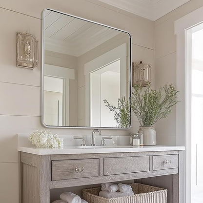ANDY STAR 36x36 Inch Chrome Mirrors for Bathroom, Chrome Square Bathroom Vanity Mirror, Rounded Mirror, Anti-Rust SUS304, Seamless Tube Metal Frame, 1’’ Deep Wall Mounted Vertically/Horizontal