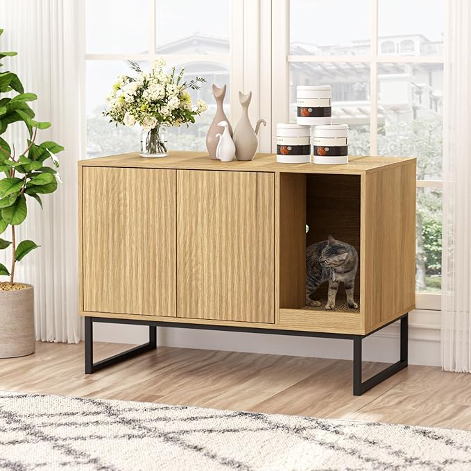 Cat Litter Box Enclosure, Fluted Hidden Litter Box Furniture with Scratch Pad and Metal Legs, Modern Enclosed Cat Cabinet, 31.5 x 17.7 x 21.7 Inches Indoor Pet House for Living Room, Washroom, Natural-Mewly Pet