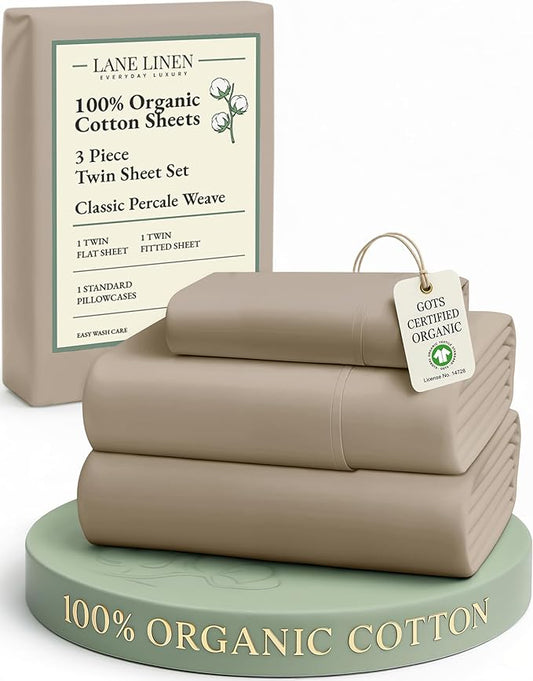 LANE LINEN 100% Organic Cotton Sheets Set Pure Long- Staple Percale Weave - Bedding for Bed Fits Mattress Upto 15in Deep Pocket (Twin Taupe)