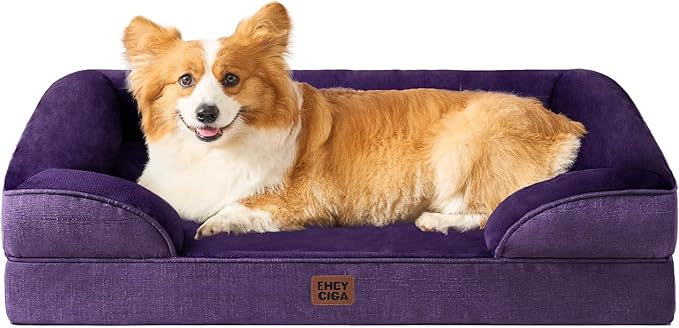 EHEYCIGA Orthopedic Dog Beds for Large Dogs, Waterproof Memory Foam Large Dog Bed with Sides, Non-Slip Bottom and Egg-Crate Foam Pet Couch Bed with Washable Removable Cover, Purple-Mewly Pet