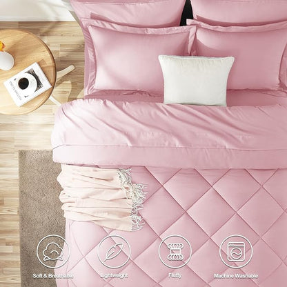 CozyLux Queen Comforter Set Pink - Bed in a Bag Queen Size 7 Pieces, Luxury Soft Bed Set for All Seasons, Bedding Set with Down Alternative Comforter, Sheets, Pillowcases & Shams