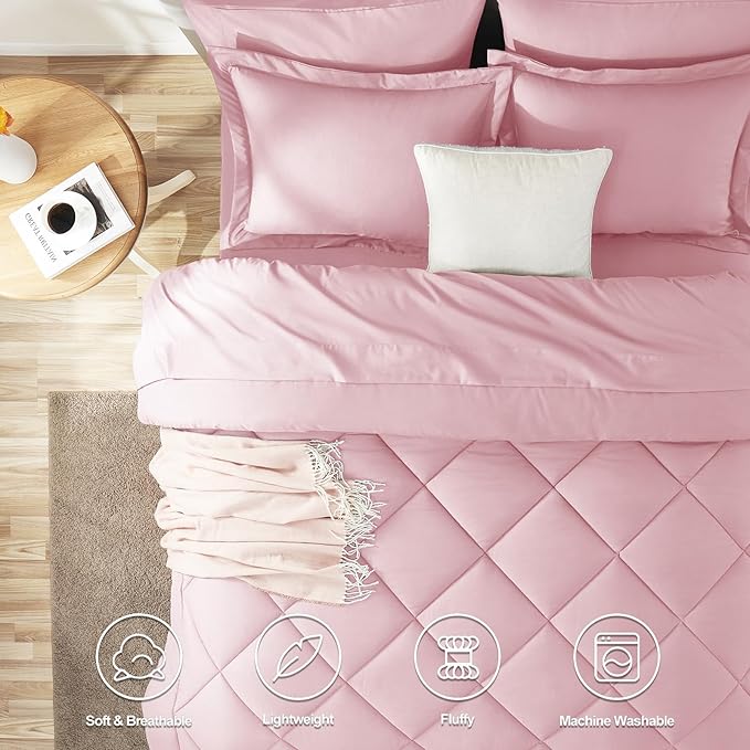 CozyLux King Size Comforter Sets Pink - 7 Pieces Bed in a Bag King, Luxury Soft Bed Set for All Seasons, Bedding Set with Down Alternative Comforter, Sheets, Pillowcases & Shams