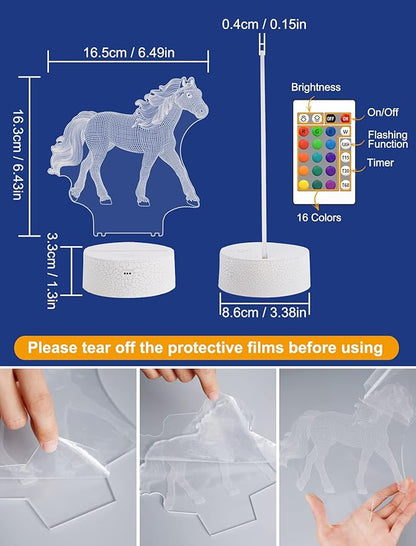 FULLOSUN Horse Gifts for Girl, Horse 3D Night Lights for Kids Illusion Lamp 16 Colors Changing with Remote Birthday Gifts for Child Baby Boy and Girl
