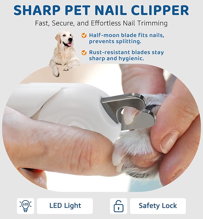 Pet Nail Clipper with Light for Cats & Small Dogs Puppies, Ultra Bright LED to Illuminate Nail Bloodline to Avoid Over Cutting, Extra-Sharp and Durable Cat Claw Trimmer with Nail File (White)-Mewly Pet