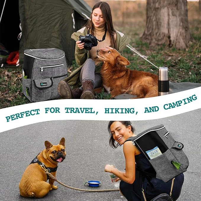 PetAmi Dog Travel Bag Backpack, Airline Approved Dog Bags for Traveling, Puppy Diaper Bag Supplies, Pet Camping Essentials Hiking Accessories Dog Mom Gift, Food Container, Collapsible Bowls, Gray-Mewly Pet