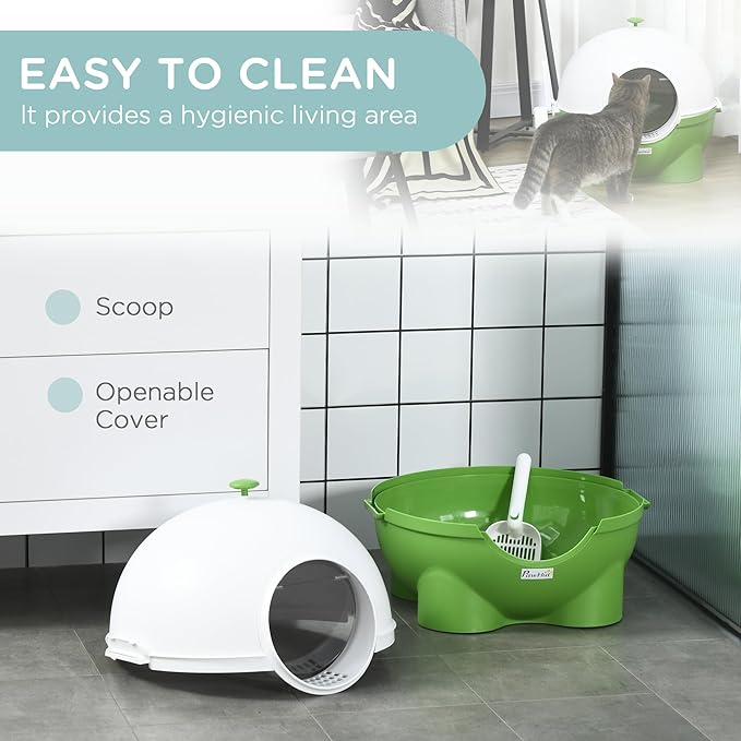 PawHut Hooded Cat Litter Box, Large Kitty Litter Pan with Lid, Scoop, Leaking Sand Pedal, Top Handle, Dark Green-Mewly Pet