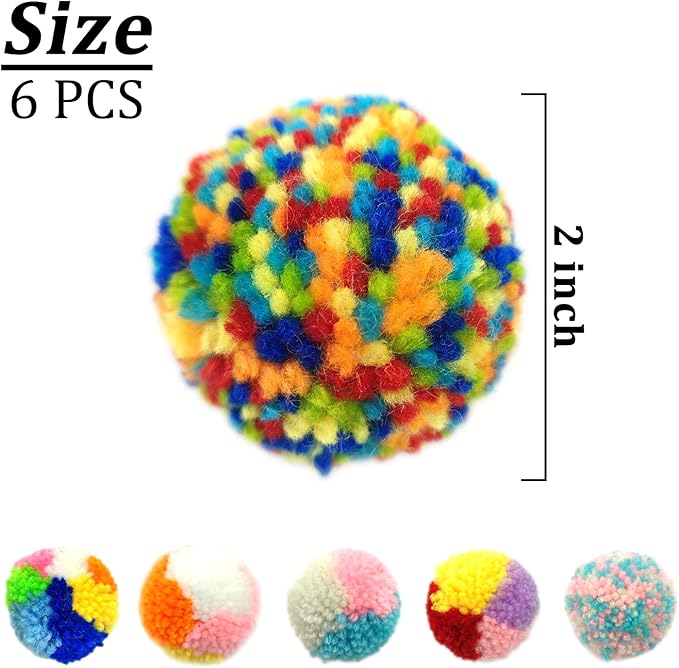 Andiker 6 Pcs Assorted Color Cat Ball Toys, Woolen Yarn Puffs Cat Pom Pom Balls Interactive Kitten Chasing Toys-Mewly Pet