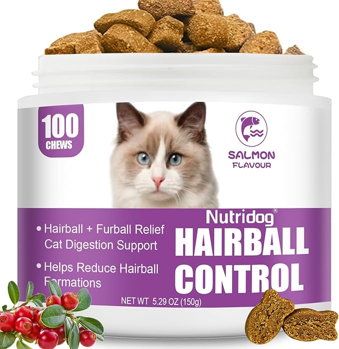 Hairball Treats for Cats - Hairball Remedy Chews with Omega 3&6, Psyllium Husk, Zinc & Biotin - Salmon Flavor for Hairball Control, Digestive Health & Skin Support, 100ct (ND-044)-Mewly Pet