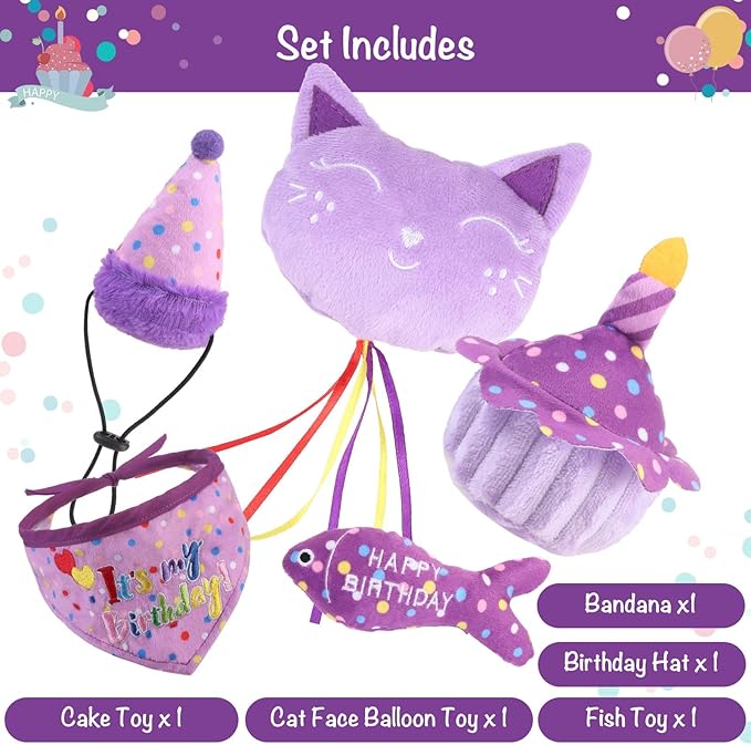 BINGPET Cat Birthday Catnip Toys for Indoor Cats,Cat Birthday Hat,Bandana and Cat Birthday Cake Interactive Plush Kitten Chew Toys,Cute Fish,Balloon Toys with Crinkle Paper and Catnip Inside(Purple)-Mewly Pet