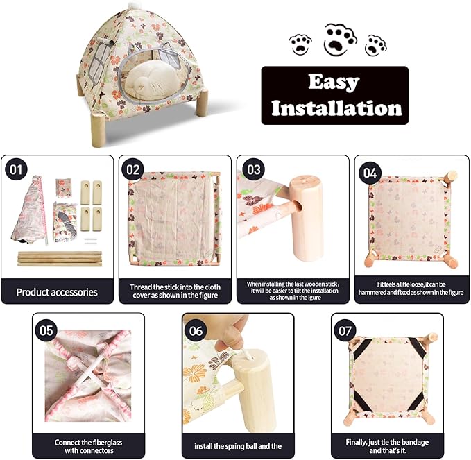 2-in-1 Elevated Cat Tent Cat House, Quick Assembly and Disassembly, Portable Indoor/Outdoor Cute Cat Bed Cave-Butterfly and Flower-Mewly Pet