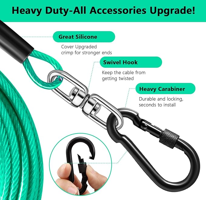 Dog Tie Out Cable 15FT-500Lbs,Heavy Duty Dog Leads&Tether for Yard with Swivel Hook,Small Large Dogs Leash Line for Outside,Rust Chew Proof Dogs Run Cable for Outdoor Camping (Green Cyan, 15FT)-Mewly Pet