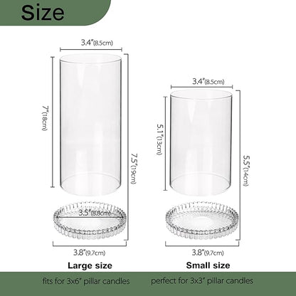 Vixdonos Hurricane Glass Candle Holders Set Pack 2 Serrated Round Candle Stand for Pillar Candles Modern CandleHolders with 5.1" 7.1" Tall Cylinder Chimney Cover for Outdoor Wedding Decor