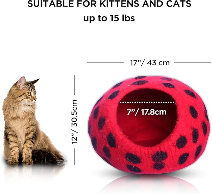Woolygon Premium Felt Cat Cave Bed - Polka Dot Series - Wool Kitty Beds Handcrafted Kitten Caves Bed for Indoor Cats - Eco-Friendly Merino Wool, Foldable Cat Hideaway Cat Houses (Red/Black Dots)-Mewly Pet