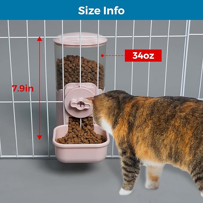 VANNON Small Animal Hanging Automatic Food Dispenser, 35oz Gravity Pet Feeder for Cage, Food Bowl for Rabbit Puppy Cat Ferret Guinea Pig Chinchilla Parrot (Pink)-Mewly Pet