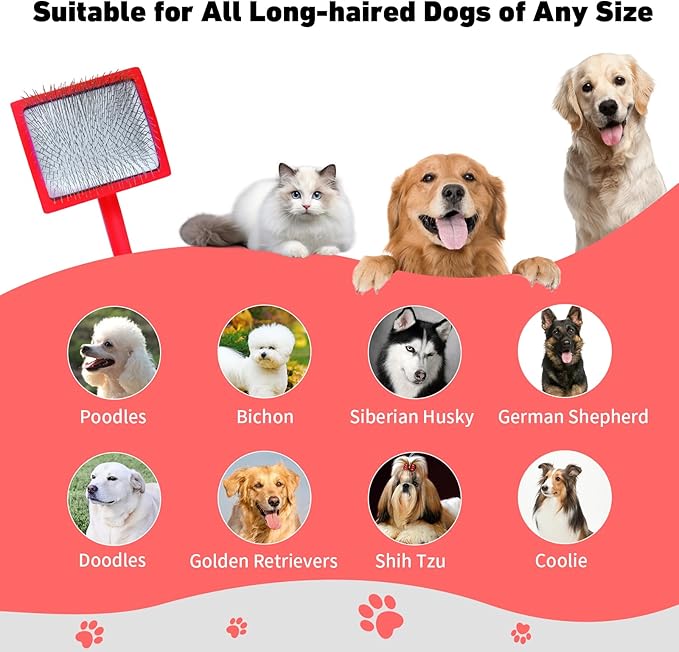 Dog Slicker Brush for Shedding and Grooming Medium or Long Haired Cats, Extra Long & Soft Pin Slicker Brush for Removes Loose Hair, Tangles, Knots, Undercoat, Free Pet Comb, Large Red-Mewly Pet