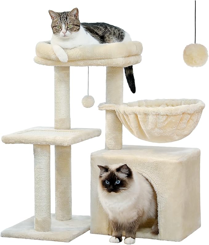 PEQULTI Small Cat Tree, [28.5''] Cat Tower for Indoor Cats, 2 Styles Activity Tree with Cat Scratching Posts, Big Hammock and Removable Top Perch Beige-Mewly Pet