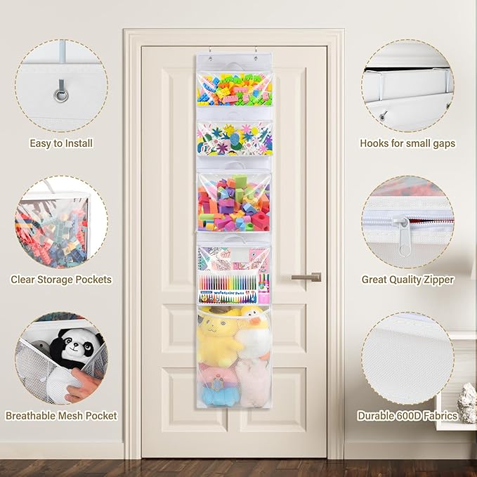 Hanging Toy Storage over Door, Block Stuffed Animal Organizer Idea with 4 Removable Case Bag, Bi-Fold Closet Holder with Mesh Pocket for Kid Boy Girl