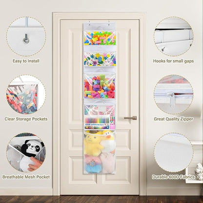Hanging Toy Storage over Door, Block Stuffed Animal Organizer Idea with 4 Removable Case Bag, Bi-Fold Closet Holder with Mesh Pocket for Kid Boy Girl