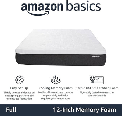 Amazon Basics Gel Memory Foam Mattress, Firm, Cooling, Full Size Mattress, CertiPUR-US® Certified Foam, 75 x 54 x 12 inches, White/Gray