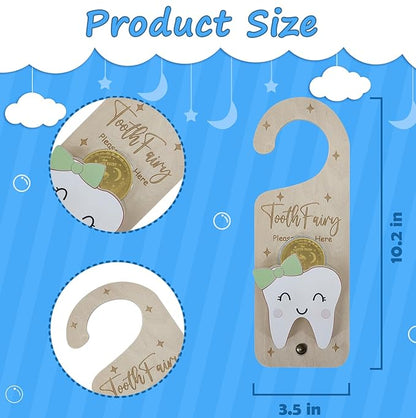 Tooth Fairy Door Hanger, Wooden Tooth Fairy Money Holder with Tooth Coins for Lost Tooth Kids Gifts (Green)