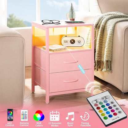 Yoobure Nightstand with Charging Station, LED Night Stand with Fabric Drawers and Storage Shelf for Bedroom, Nightstands Bedside Tables with USB Ports & Outlets, Small Night Stands, Bed Side Table